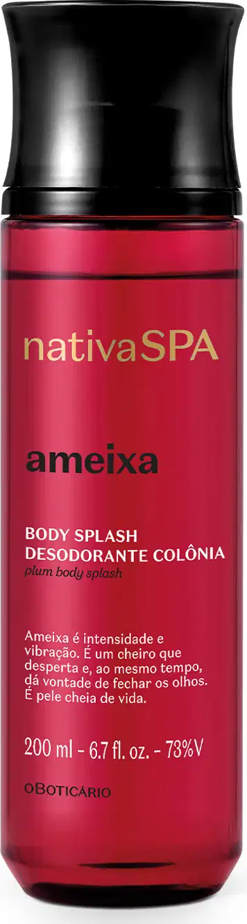 Frasco rosa transparente com tampa preta e letras douradas, brancas e pretas, contendo 200ml de body splash Nativa SPA Ameixa.