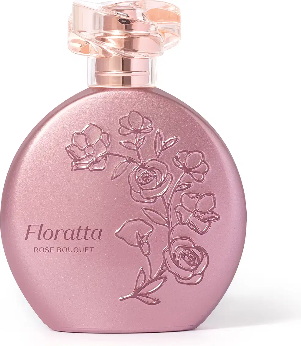 Frasco de perfume Floratta Rose Bouquet, com design floral em relevo na embalagem rosa metálica. Apresenta tampa decorativa em formato de flor.