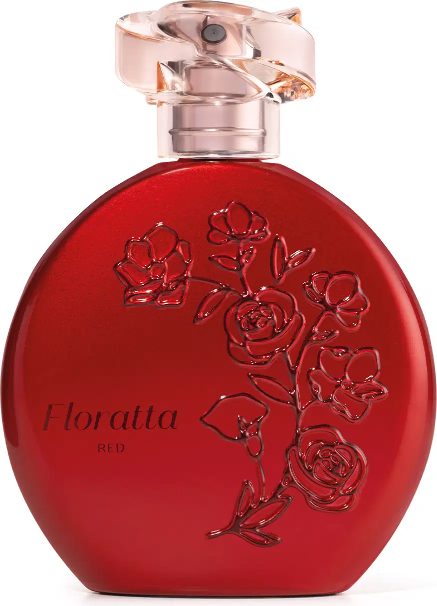 Frasco de item de perfumaria da marca Floratta Red em formato arredondado na cor vermelha, com relevo de flores, nome da marca em relevo e tampa acrílica transparente com borrifador dourado.