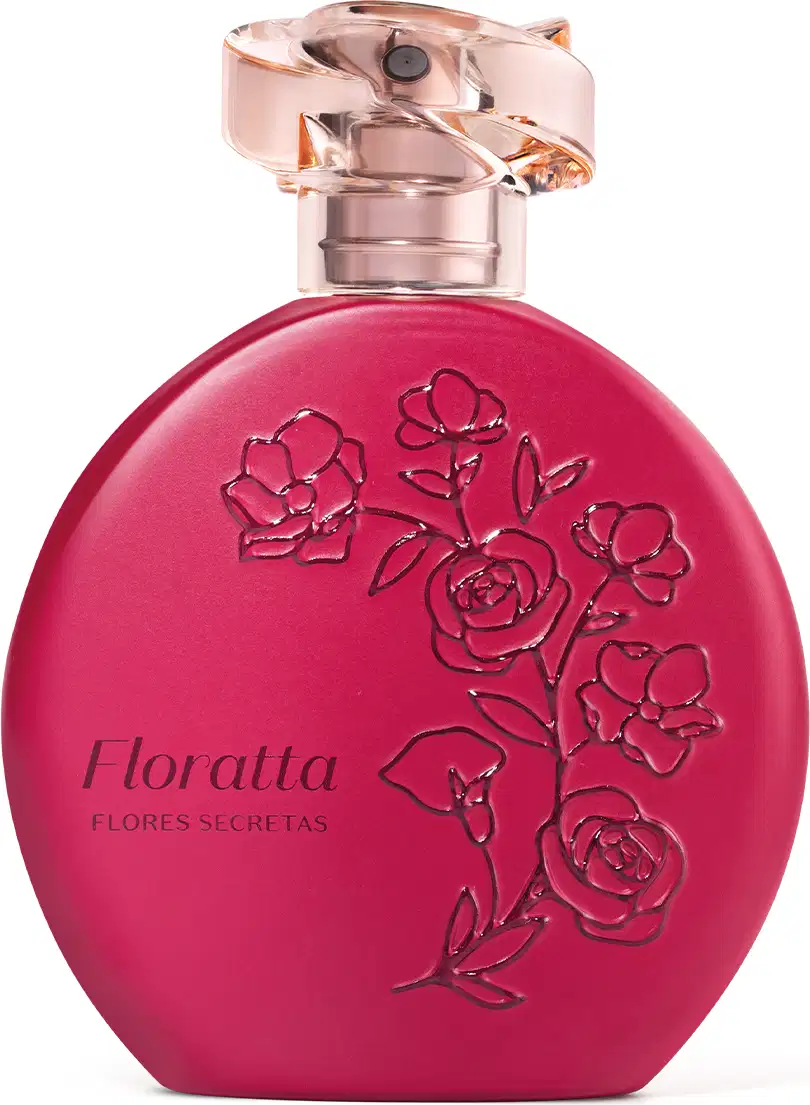 Frasco de perfume Floratta Flores Secretas, com design em formato oval e cor rosa vibrante, com detalhes em relevo de flores em sua superfície.