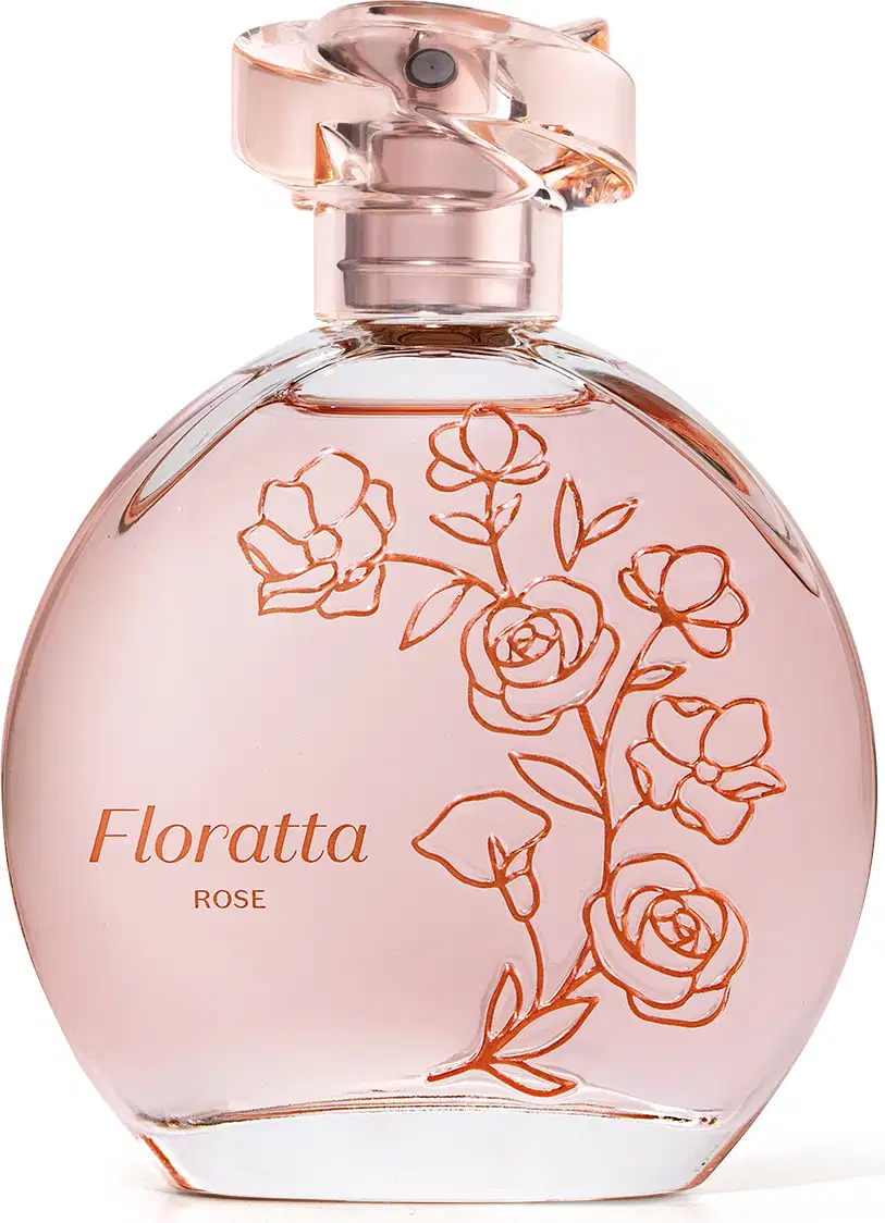 Imagem de vidro do desodorante colônia da marca Floratta Rose na cor rosa com desenhos de flores em vermelho, rótulo com nome em destaque. Uma fragrância feminina e cheia de estilo. O recipiente traz 75ml da fragrância.