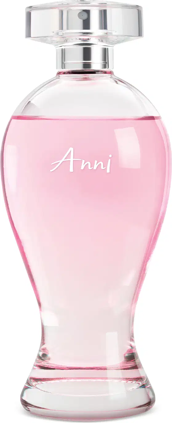 Vidro transparente em formato curvilíneo com líquido rosa, pulverizador prateado e tampa transparente contendo 200ml de desodorante colônia Boticollection Anni.