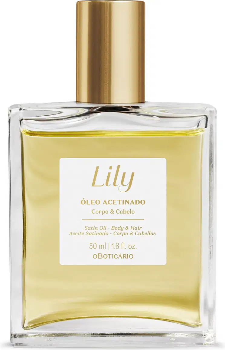 Vidro quadrado com líquido bege, tampa dourada, rótulo branco com letras bege contendo 50ml de óleo acetinado multifuncional corpo e cabelo da marca Lily.