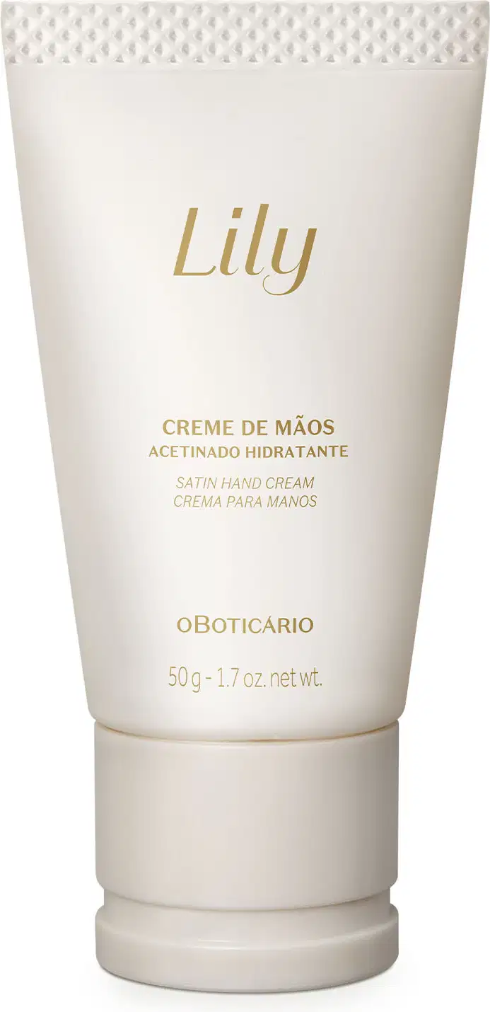 Bisnaga branca com tampa bege e letras marrons contendo 50g de creem de mãos acetinado hidratante da marca Lily.