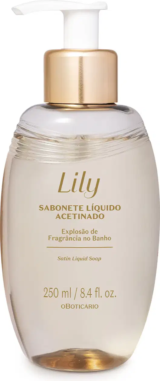 Frasco ovalado bege com letras marrons, detalhe dourado e bomba dosadora branca contando 250ml de sabonete líquido acetinado da marca Lily.