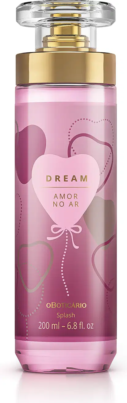 Imagem do frasco de body splash Dream Amor no Ar, em embalagem cilíndrica com tampa transparente e válvula spray dourada. O rótulo é em tons de roxo e traz um coração ilustrativo. O recipiente conta com 200ml de produto.