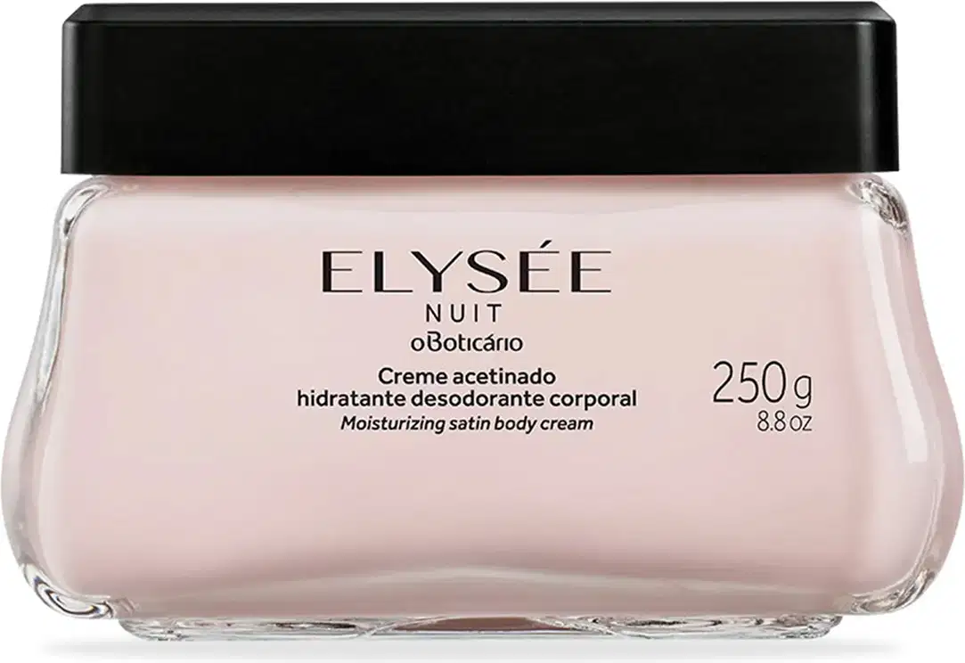 Pote de vidro transparente com conteúdo branco, tampa e letras pretas, contendo 250g de creme acetinado hidratante corporal da marca Elysée Nuit.