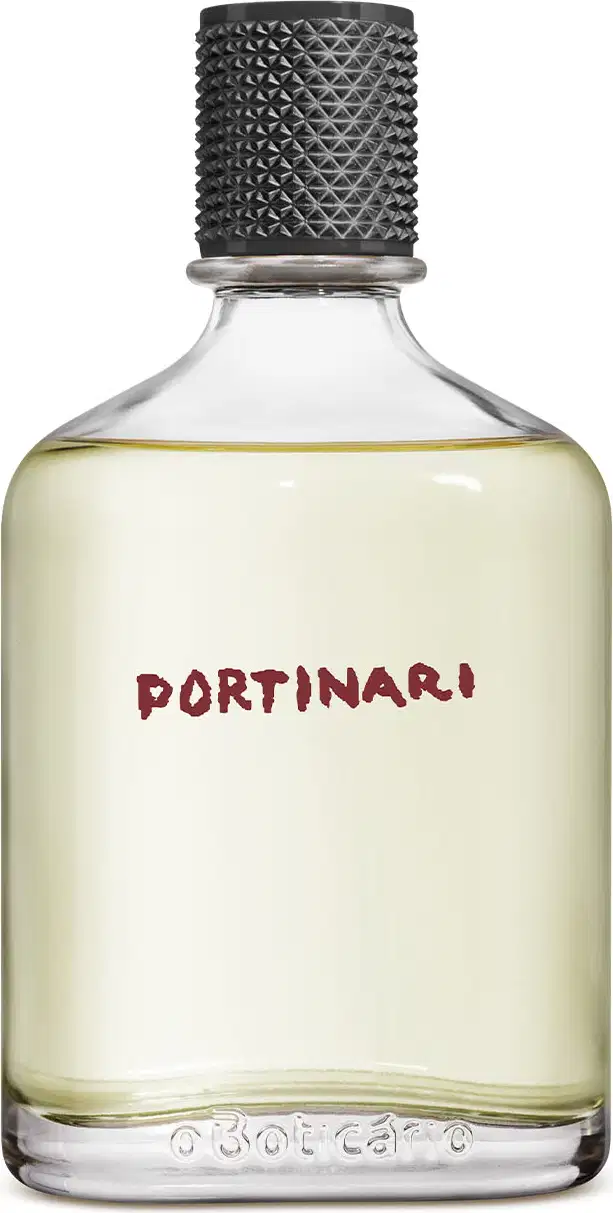 Frasco transparente com líquido bege, tampa preta e letras marrons contendo 100ml de desodorante colônia Boticollection Portinari.