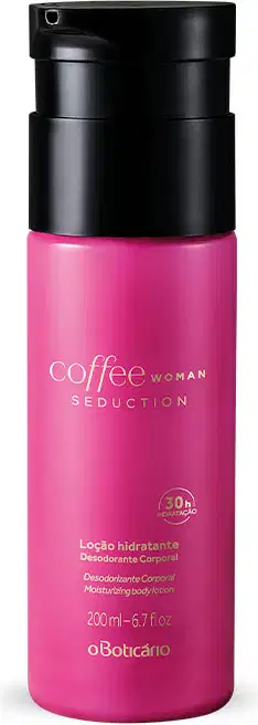 Frasco rosa com tampa preta e letras douradas contendo 200ml de loção hidratante corporal da marca Coffee Woman Seduction.