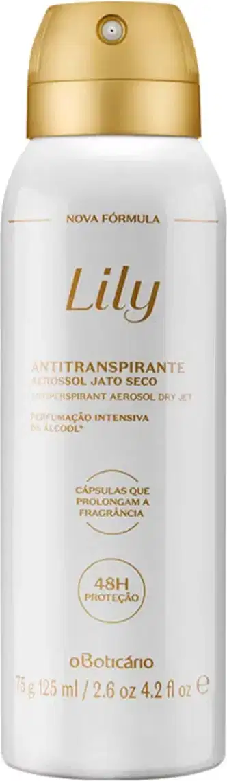 Frasco branco com tampa e letras douradas contendo 75g/125ml de desodorante antitranspirante aerossol da marca Lily.