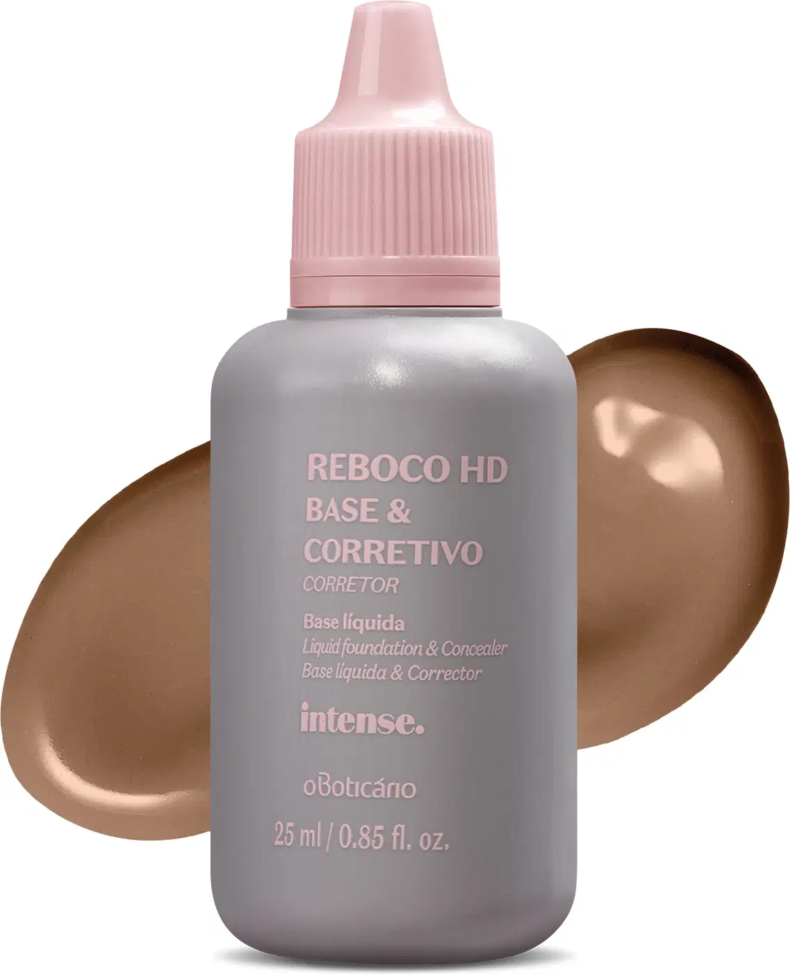 Frasco branco com fundo escuro e letras bege contendo 24g de base líquida e corretivo Reboco HD na cor 50 da marca Intense. Atrás da embalagem, uma pequena porção do produto, na cor marrom, mostrando a real tonalidade do produto.