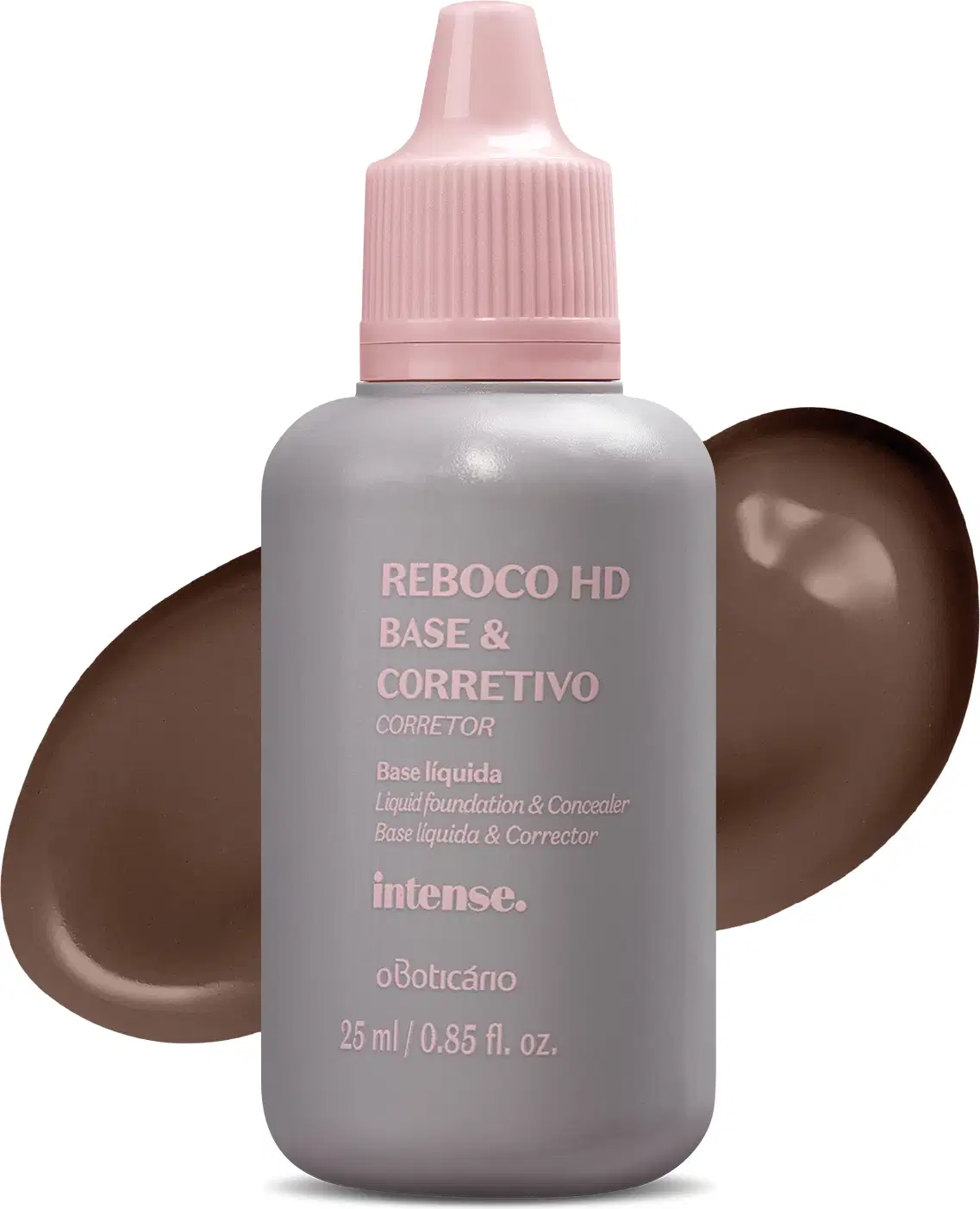 Frasco branco com fundo escuro e letras bege contendo 24g de base líquida e corretivo Reboco HD na cor 80 da marca Intense. Atrás da embalagem, uma pequena porção do produto, na cor marrom escura, mostrando a real tonalidade do produto.