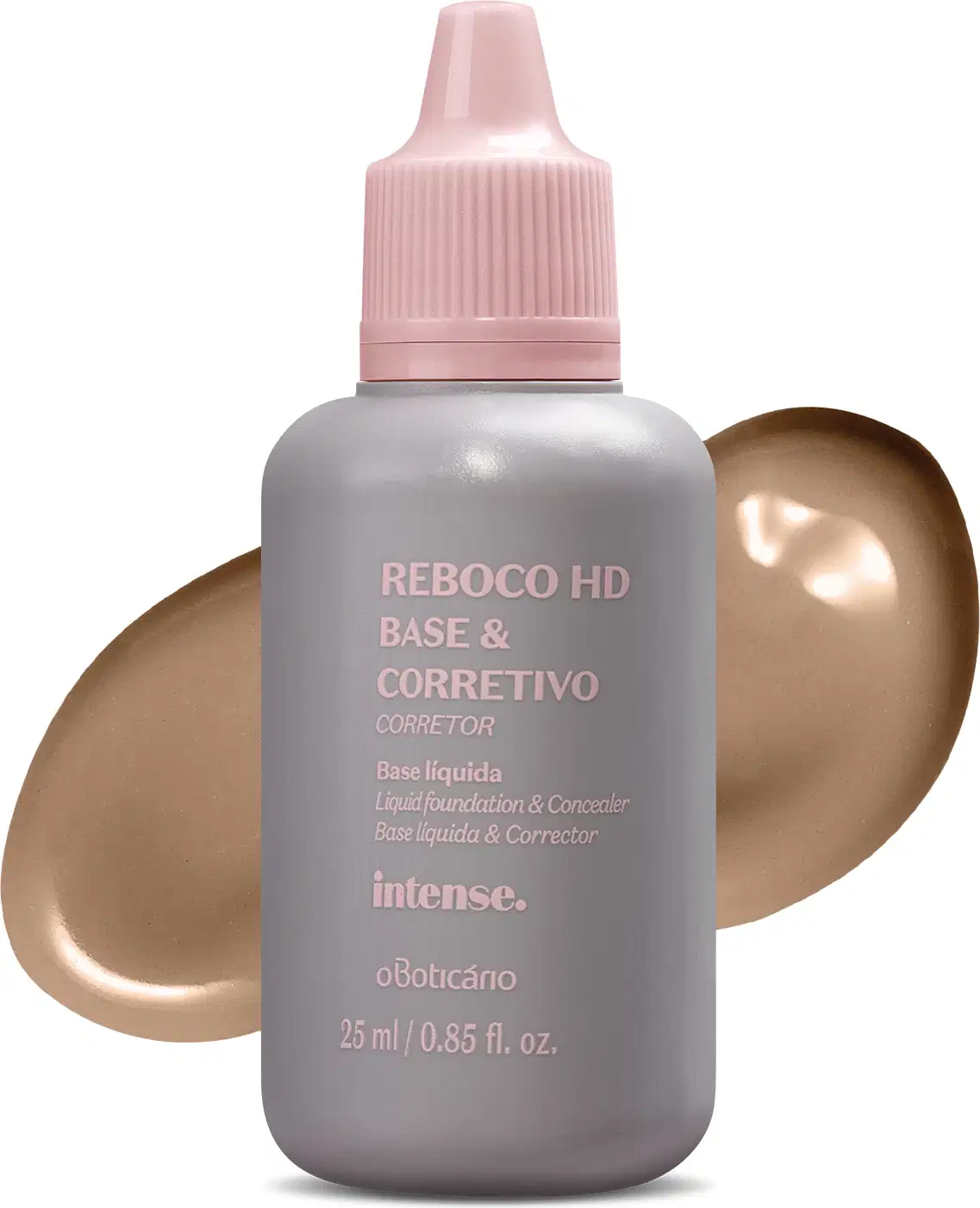 Imagem de um frasco de base líquida e corretivo da marca Intense, com tampa branca e rótulo com texto em branco, apresentando textura cremosa em tons de bege e dourado.