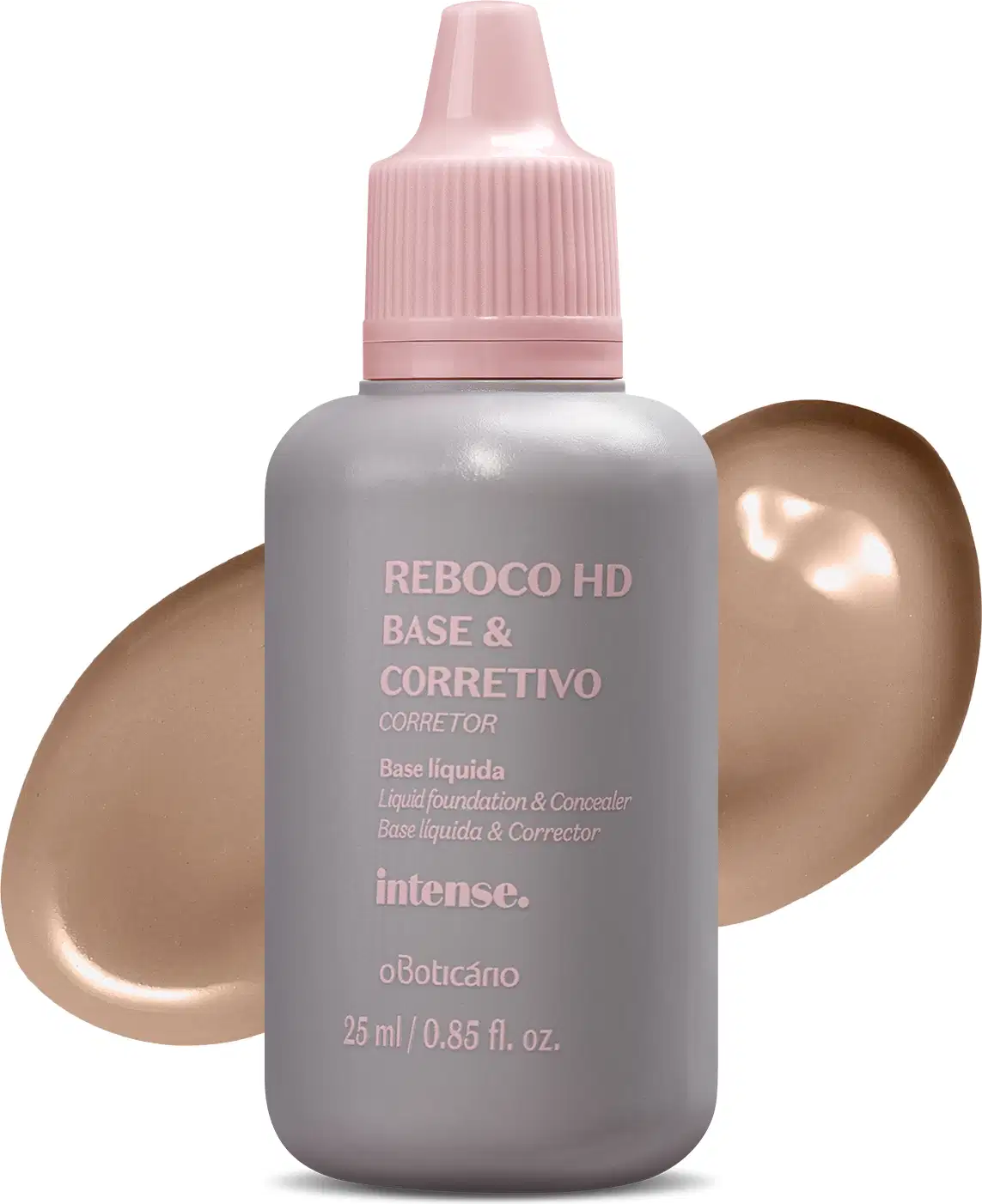 Frasco branco com fundo escuro e letras bege contendo 24g de base líquida e corretivo Reboco HD na cor 25 da marca Intense. Atrás da embalagem, uma pequena porção do produto, na cor bege escuro, mostrando a real tonalidade do produto.