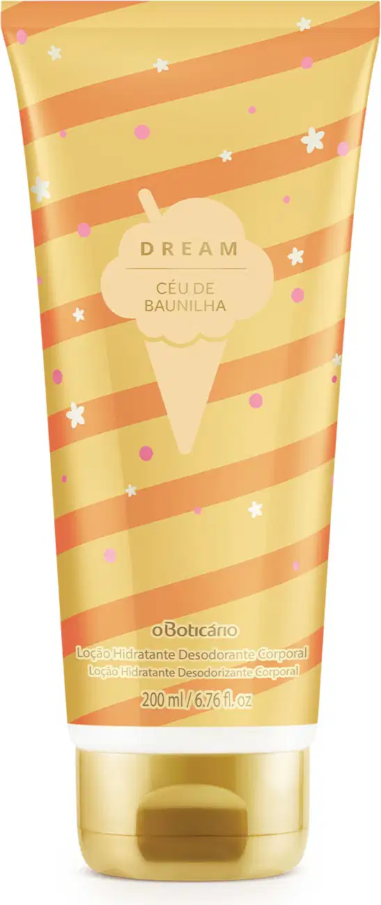 Bisnaga dourada e laranja com tampa dourada e sorvete ilustrado contendo 200ml de loção hidratante corporal da marca Dream Céu de Baunilha.
