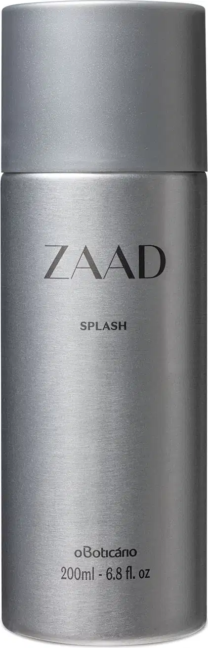 Frasco cilíndrico prateado com tampa e letras cinzas contendo 200ml de body splash Zaad.