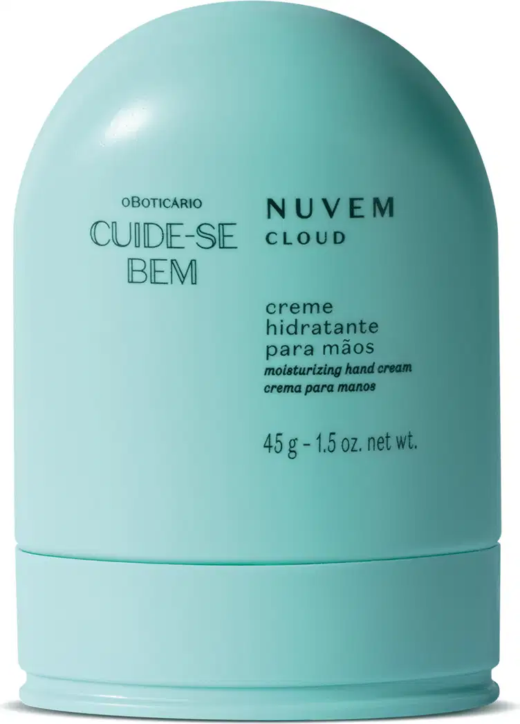 Embalagem compacta azul com parte superior arredondada e letras pretas contendo 45g de creme hidratante para mãos Cuide-se Bem Nuvem.