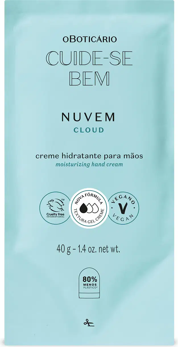 Refil de creme hidratante para as mãos da marca Cuide-se Bem Nuvem em sachê de 40g na cor azul com letras pretas.