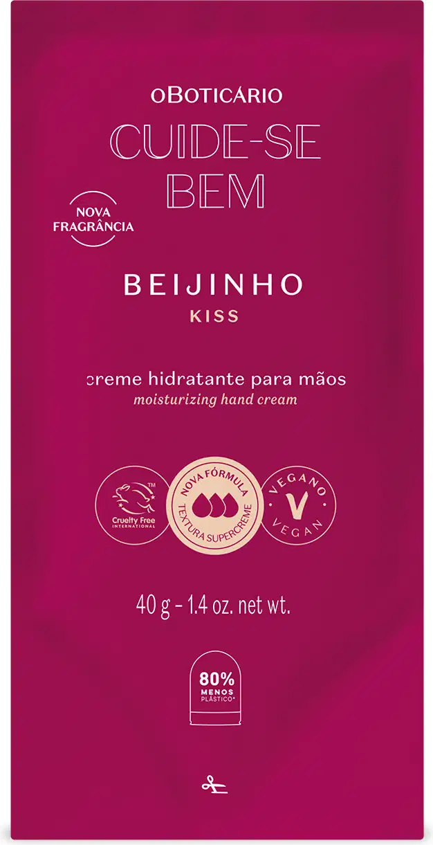 Refil de creme hidratante para as mãos da marca Cuide-se Bem Beijinho em sachê de 40g na cor vinho com letras bege.