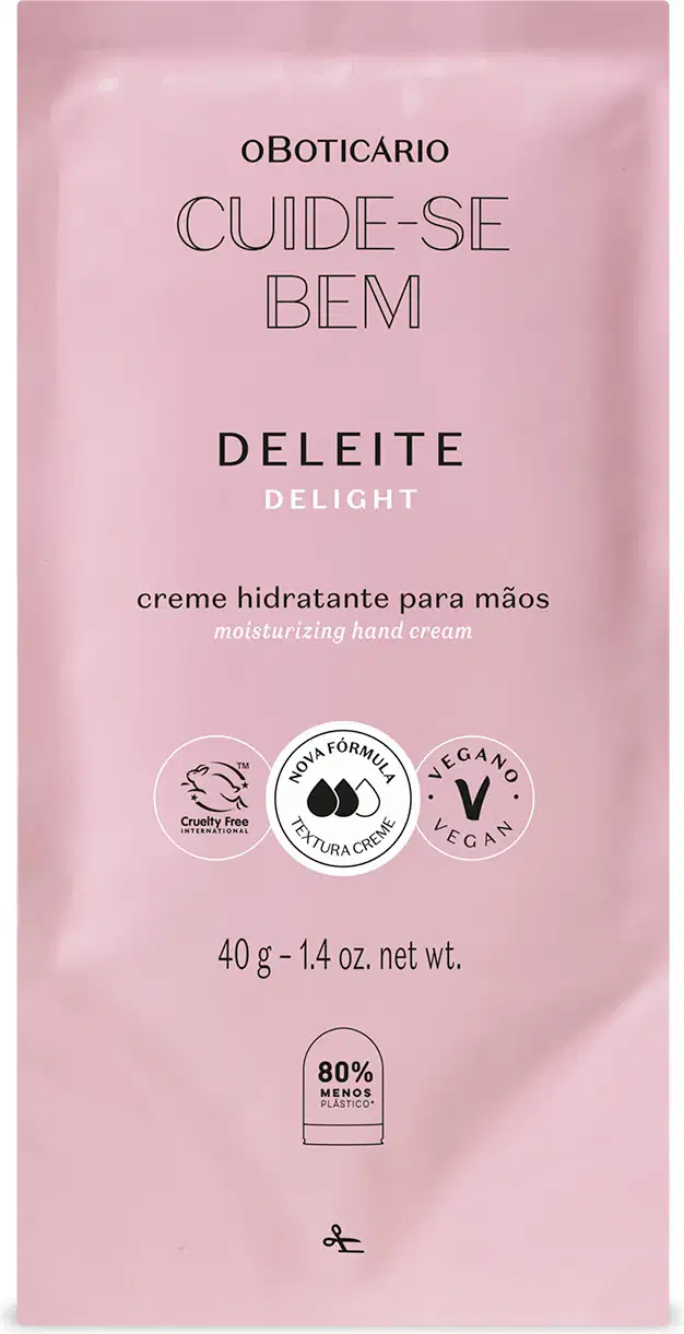 Refil de creme hidratante para as mãos da marca Cuide-se Bem Deleite em sachê de 40g na cor rosa com letras pretas.