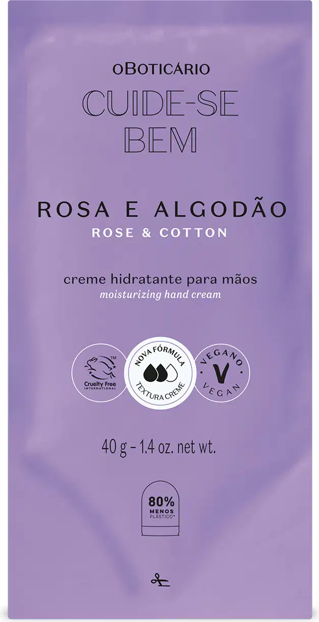 Refil de creme hidratante para as mãos da marca Cuide-se Bem Rosa e Algodão em sachê de 40g na cor lilás com letras brancas e pretas.