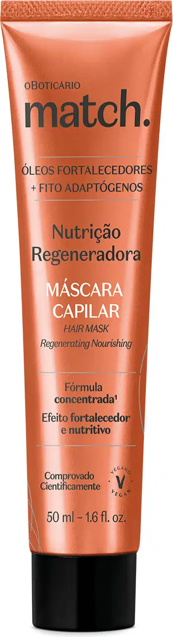 Bisnaga laranja metalizada com tampa preta e letras brancas e pretas contendo 50ml de máscara capilar da marca Match Nutrição Regeneradora.