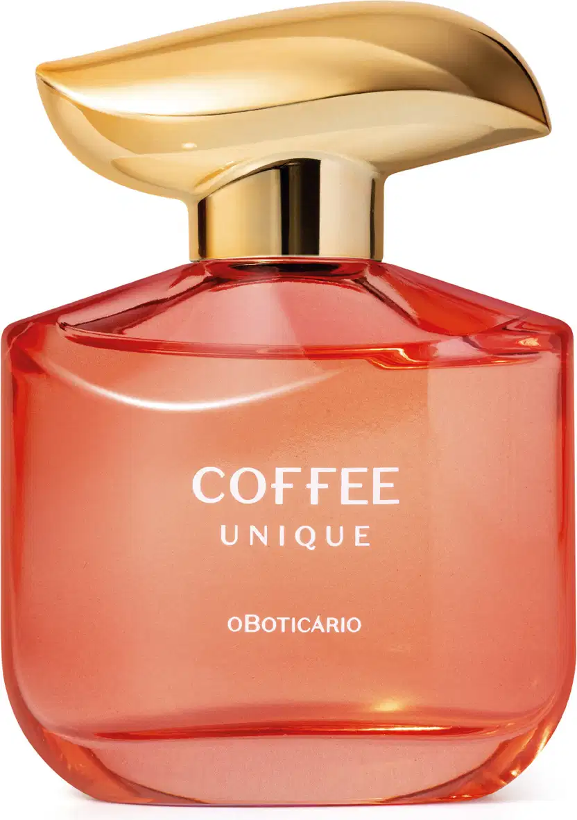 Frasco de item de perfumaria da marca Coffee Woman Unique, com formato arredondado e tampa dourada, em cor vermelha predominante, com texto "Coffee Unique" e "oBoticario" legível no rótulo.