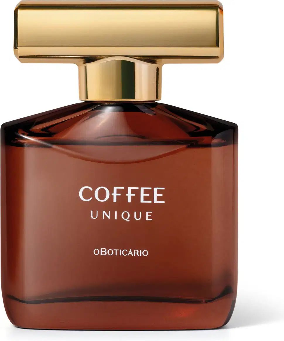 Imagem de um frasco de vidro marrom contendo 100ml de desodorante colônia da marca Coffee Man Unique, com tampa dourada, exibindo rótulo com texto em letras brancas.