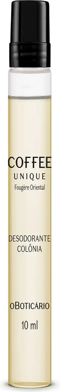 Frasco cilíndrico transparente com líquido amarelado tampa preta de Desodorante Colônia Coffee Woman Unique em tamanho compacto de 10ml.