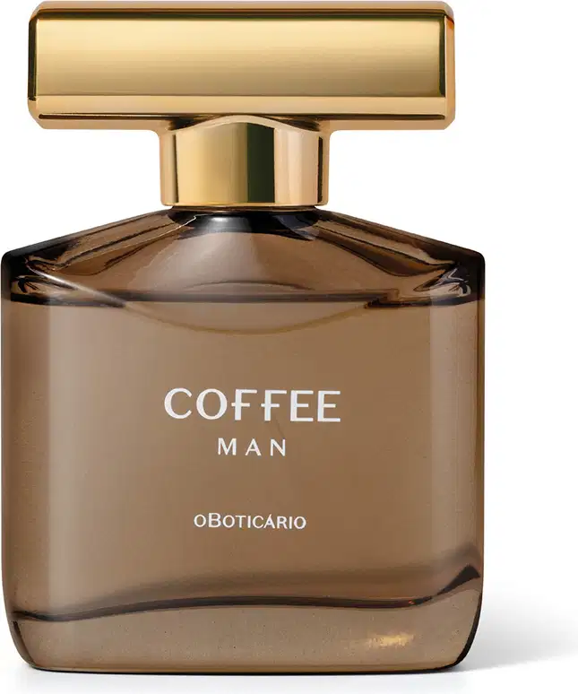 Imagem de um frasco de desodorante colônia da marca Coffee Man em embalagem de vidro marrom com tampa dourada, sobre superfície clara em ambiente minimalista. Possui um design moderno e sofisticado para momentos inesquecíveis.