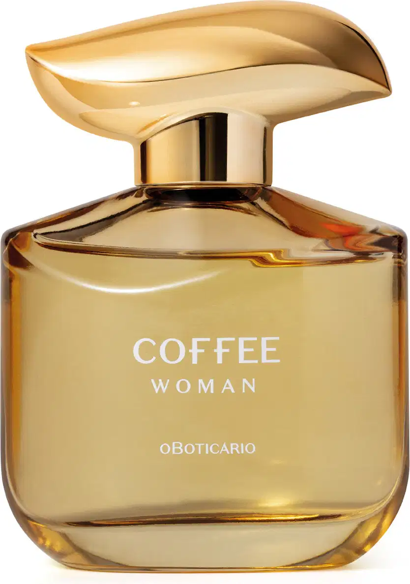 Imagem de um elegante frasco do desodorante colônia Coffee Woman Floriental Ambarado, com cantos arredondado e tampa dourada em formato ondulado, em tons predominantes de dourado e marrom. O rótulo está em letras brancas.