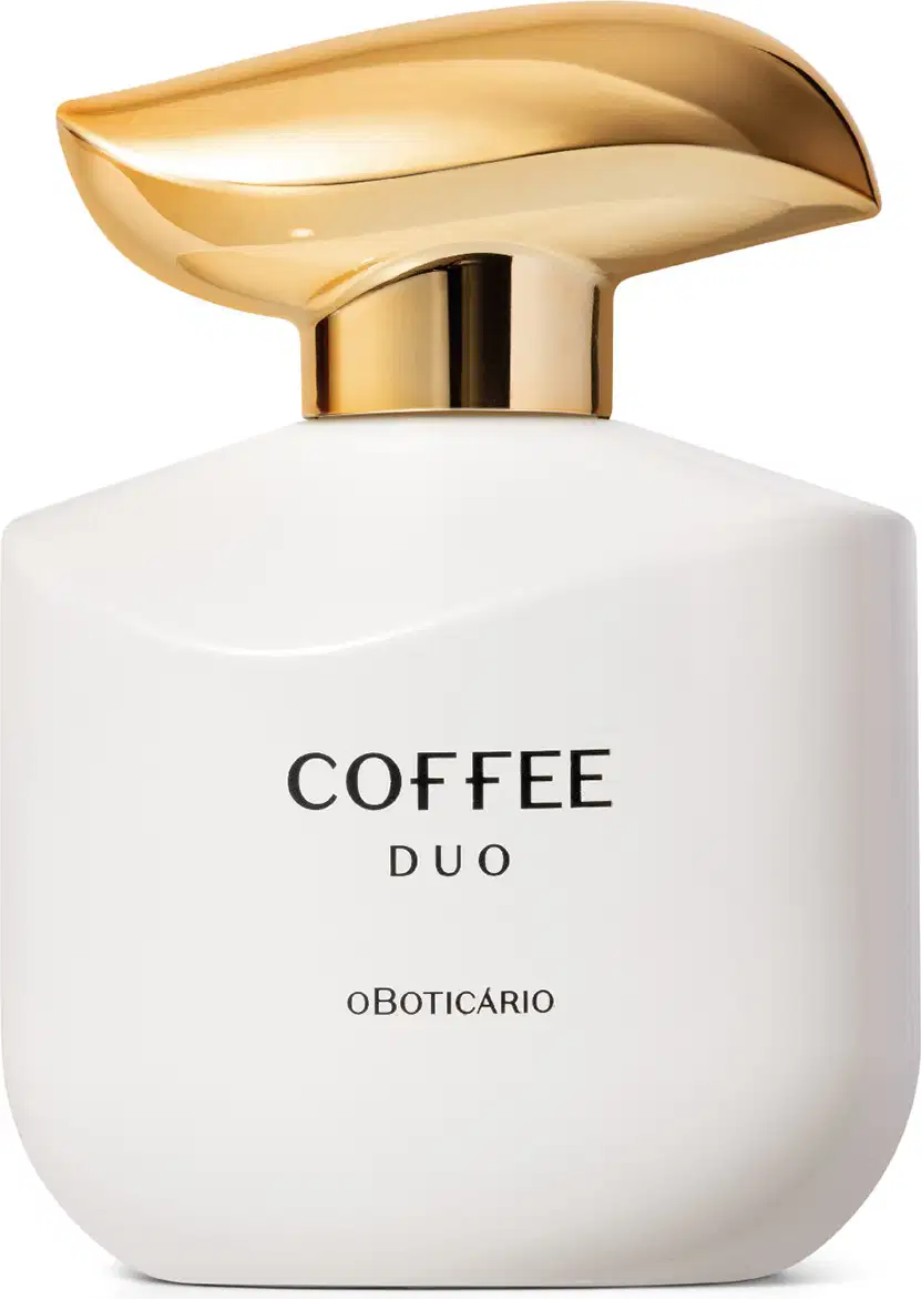 Imagem de um frasco do desodorante colônia Coffee Woman Duo Oriental Amadeirado. Ele possui embalagem branca com elegante tampa dourada em formato ondulado e rótulo em letras pretas.