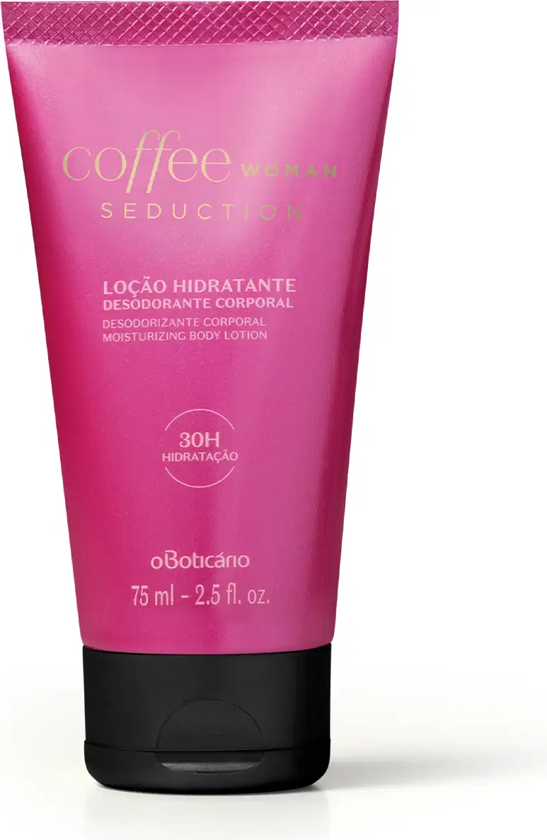 Bisnaga rosa com tampa preta e rótulo com os dizeres "Coffee Woman Seduction" em letras douradas. Recipiente contém loção hidratante desodorante corporal. Embalagem indica 30h de hidratação.