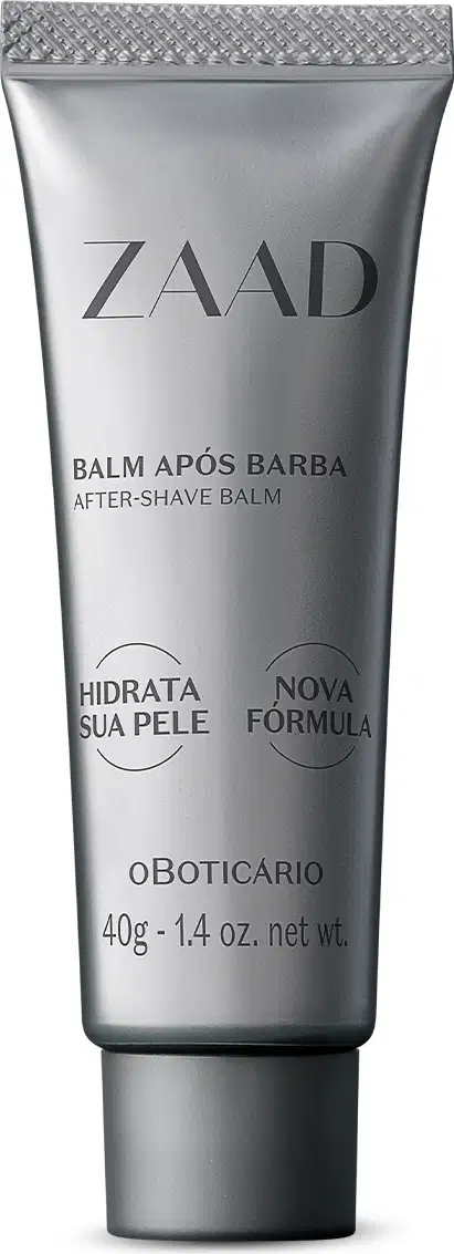 Frasco de balm pós-barba Zaad, com embalagem de 40g prateada e textura metálica, contendo informações sobre a fórmula hidratante em rótulo branco.