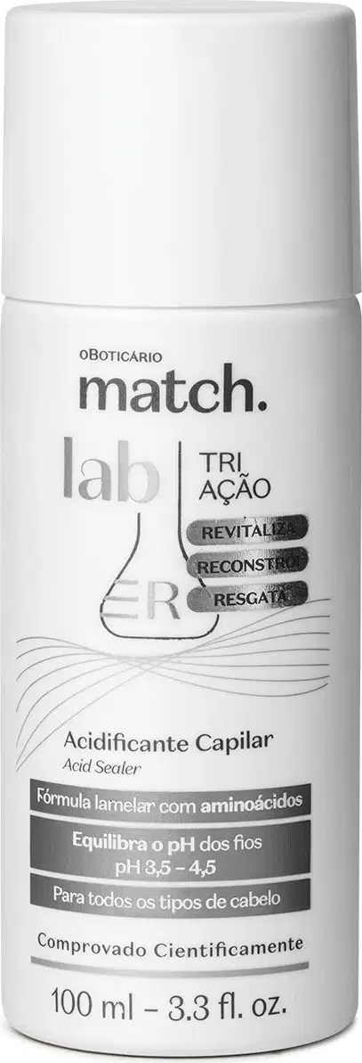 Frasco branco com detalhes prateados e letras pretas e cinzas contendo 100ml de acidificante capilar da marca Match Lab Tri Ação.