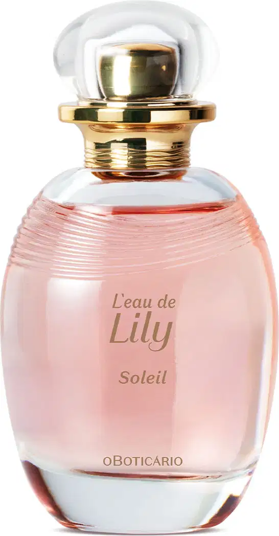 Vidro transparente oval com líquido rosa, borrifador dourado e tampa transparente contendo 75ml de desodorante colônia L'eau de Lily Soleil.