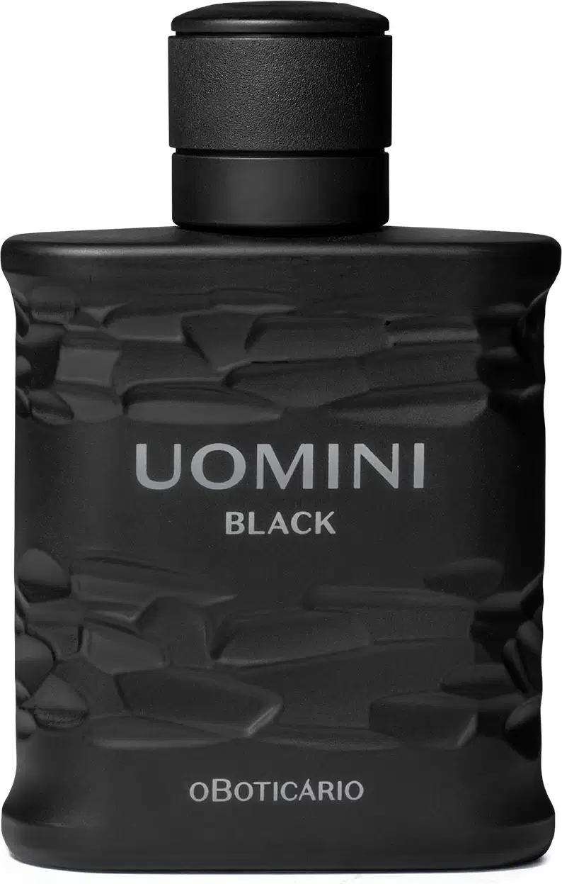 Frasco retangular preto com texturas onduladas, tampa preta e letras cinzas, contendo 100ml de desodorante colônia da marca Uomini Black.

