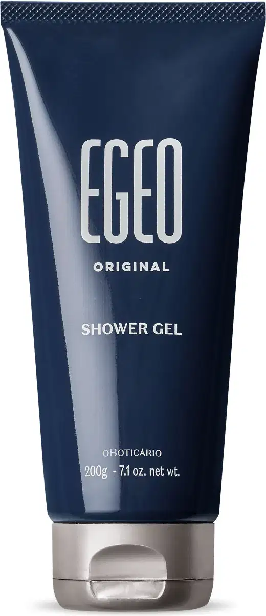 Bisnaga azul marinho com tampa e letras cinzas contendo 200g de shower gel 3 em 1 da marca Egeo Original.