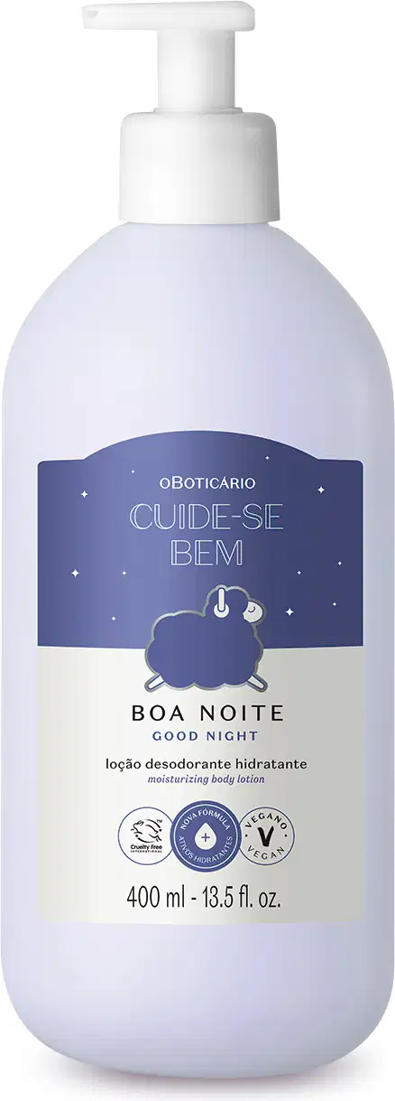 Frasco branco com bomba dosadora e rótulo azul escuro e branco com ovelhinha ilustrada contendo 400ml de loção hidratante corporal Cuide-se Bem Boa Noite.
