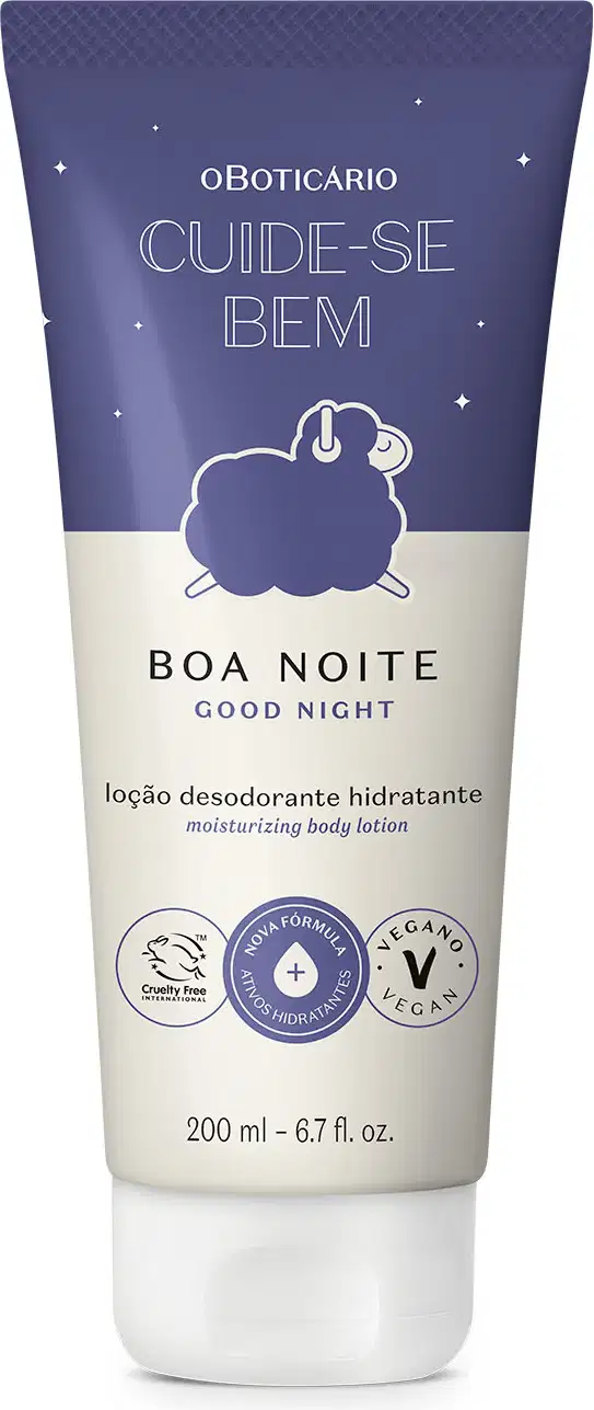 Bisnaga nas cores azul e lilás com tampa branca e ilustração de ovelhinha no rótulo contendo 200ml de loção hidratante corporal Cuide-se Bem Boa Noite.