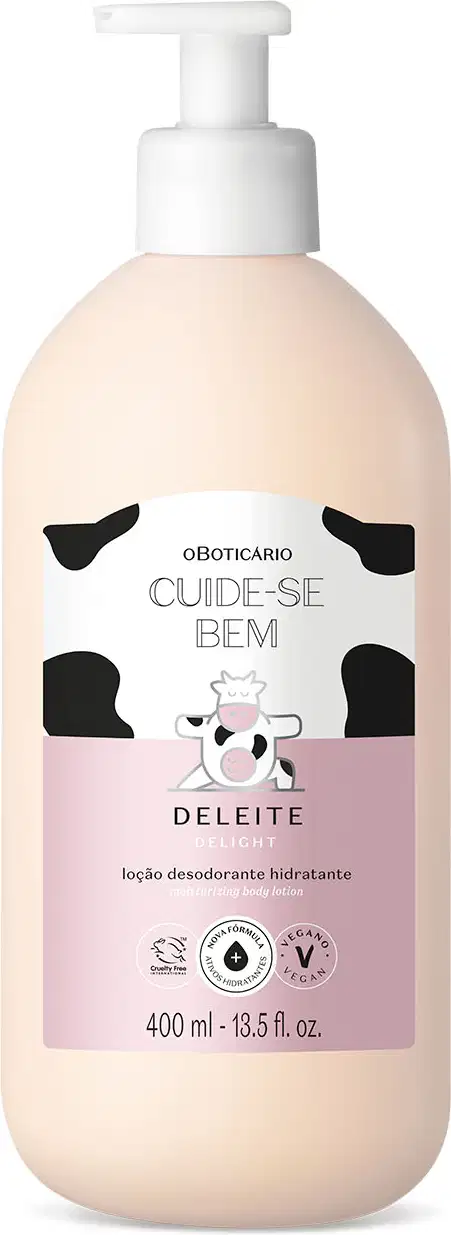 Frasco branco com bomba dosadora, rótulo branco e rosa com manchas pretas e com vaquinha ilustrada, contendo 400ml de loção hidratante corporal da marca Cuide-se Bem Deleite.