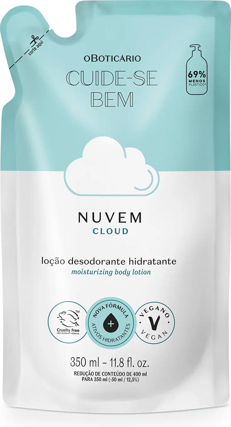 Refil de loção hidratante corporal Cuide-se Bem Nuvem em sachê de 350ml nas cores azul e branco com nuvem ilustrada.
