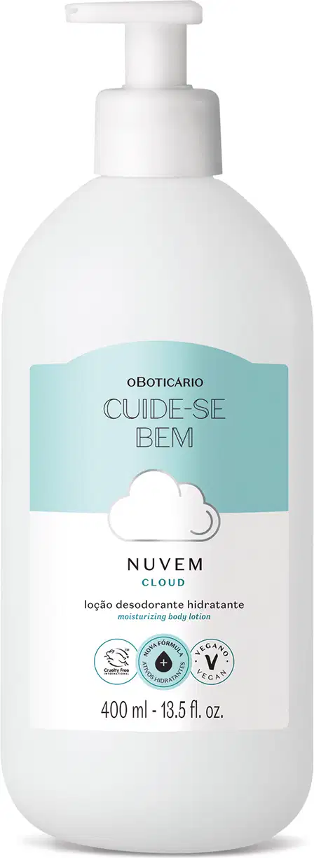 Frasco branco com bomba dosadora e rótulo em azul claro e branco com nuvens ilustradas contendo 400ml de loção hidratante corporal Cuide-se Bem Nuvem.