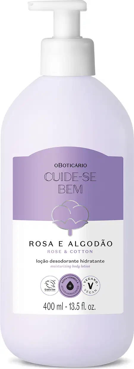 Frasco de 400ml na cor branca com rótulo lilás e branco com ilustração de uma flor de algodão contendo loção hidratante corporal Cuide-se Bem Rosa e Algodão.
