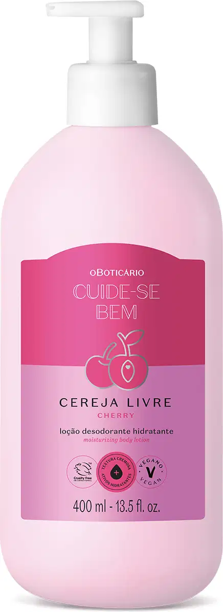 Frasco branco com bomba dosadora e rótulo nas cores rosa e lilás com cerejas ilustradas contendo 400ml de loção hidratante corporal Cuide-se Bem Cereja Livre.