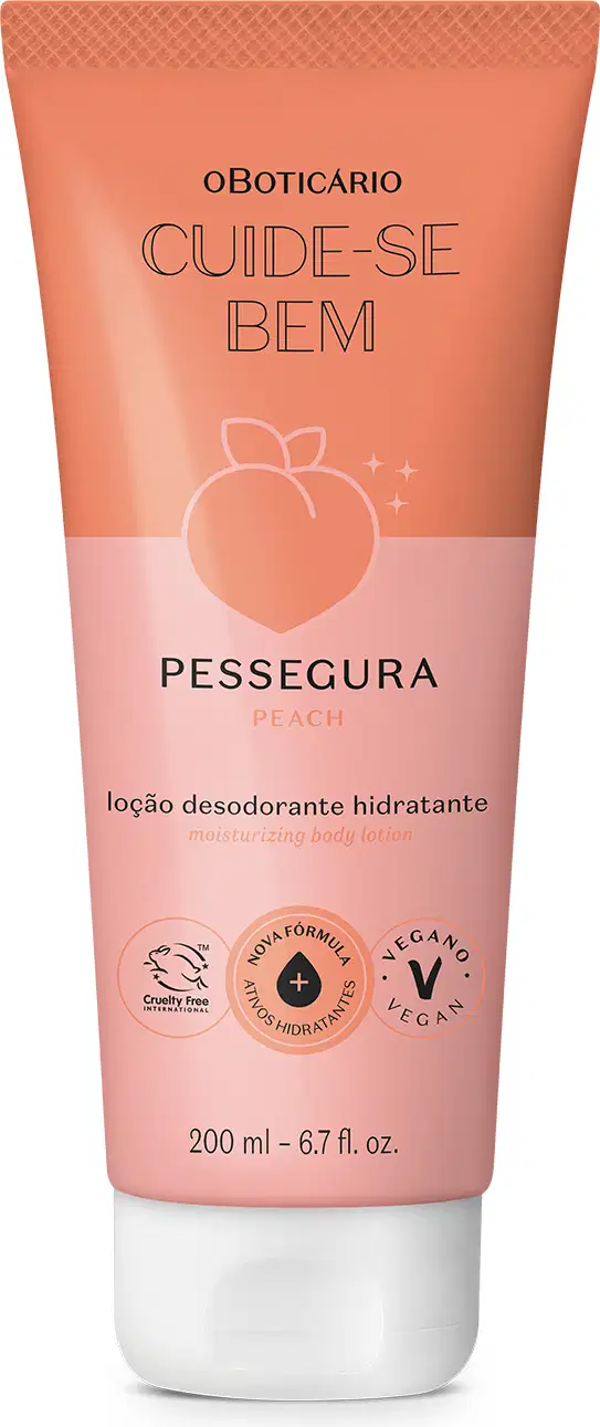 Bisnaga em tons de rosa com tampa transparente, letras pretas e pêssego ilustrado contendo 200ml de loção hidratante corporal da marca Cuide-se Bem Pessegura.