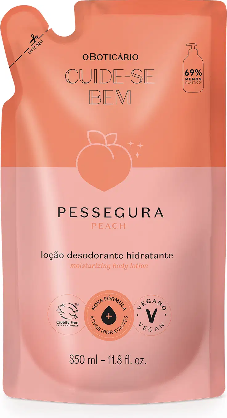 Refil de loção hidratante corporal Cuide-se Bem Pessegura em sachê de 350ml em tons de rosa com pêssego ilustrado.