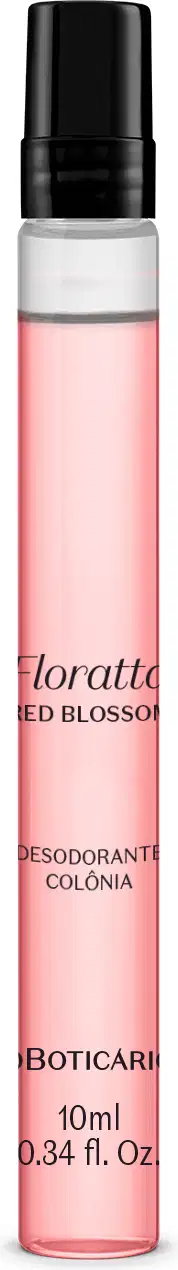 Frasco cilíndrico e transparente com líquido rosa, tampa e letras pretas, contendo 10ml de desodorante colônia Floratta Red Blossom.