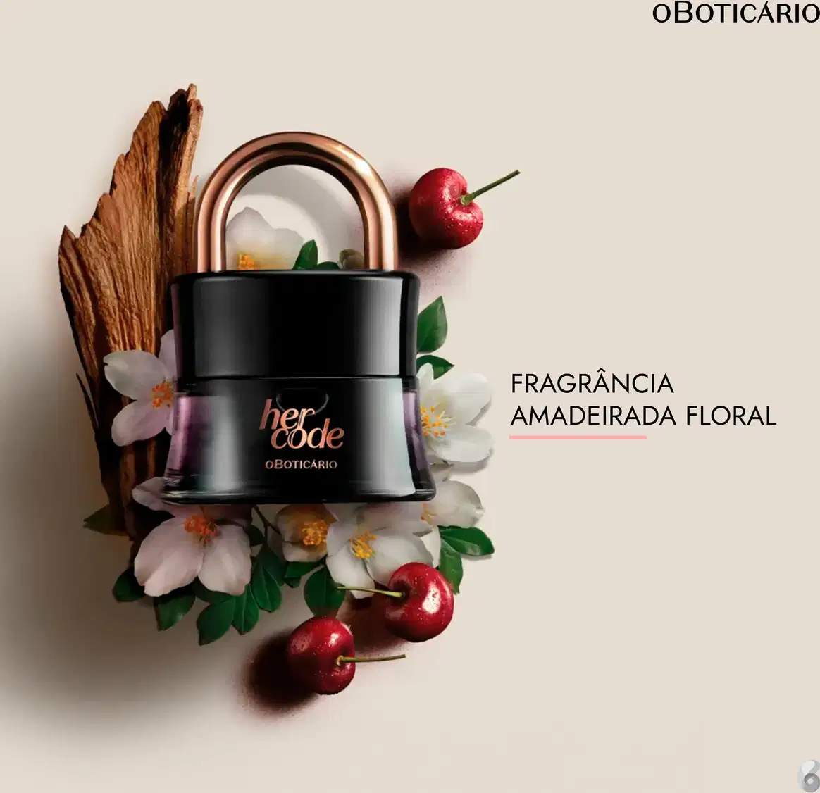 Na imagem, o produto está cercado por elementos naturais como um galho de madeira envelhecido, flores brancas, folhas verdes e cerejas vermelhas brilhantes. A composição remete a ingredientes naturais e botânicos usados na formulação do produto.