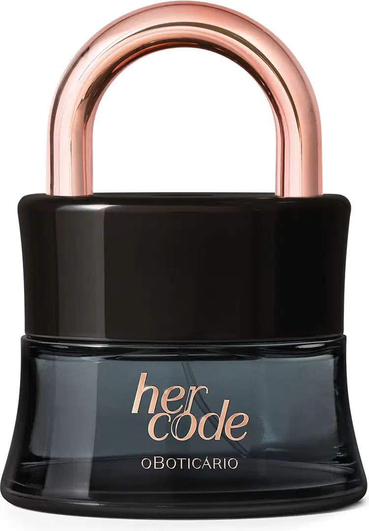 Vidro preto em formato de cadeado com o arco e as letras na cor dourada, contendo 50ml de Eau de Parfum da marca Her Code.